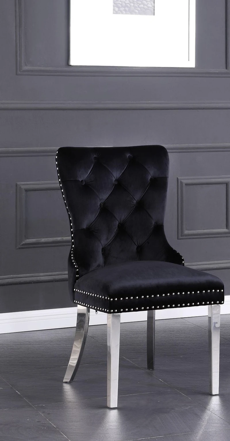 CHAISES K-LIVING MYRA EN VELOURS TOUFFETÉ DE COULEUR NOIRE AVEC PIEDS EN ACIER INOXYDABLE ET POIGNÉE ARRIÈRE ROBUSTE (2 CHAISES)