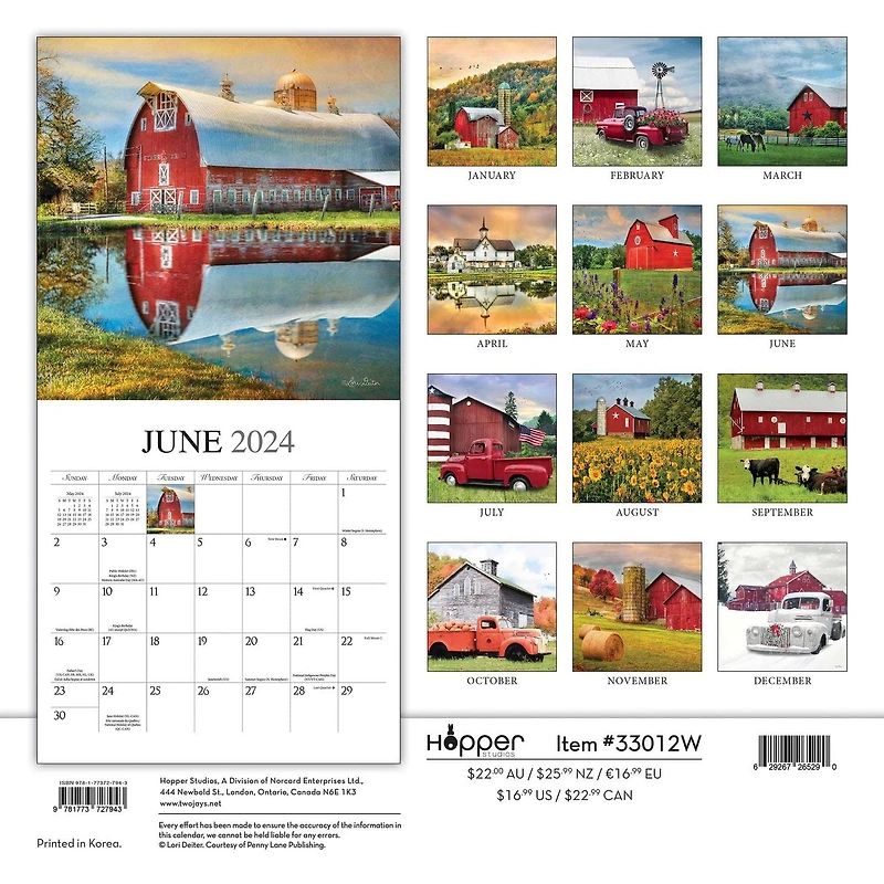 Hopper Studios Beckoning Barns 2024 12x24 Inch Square Wall Calendar, 9781773727943