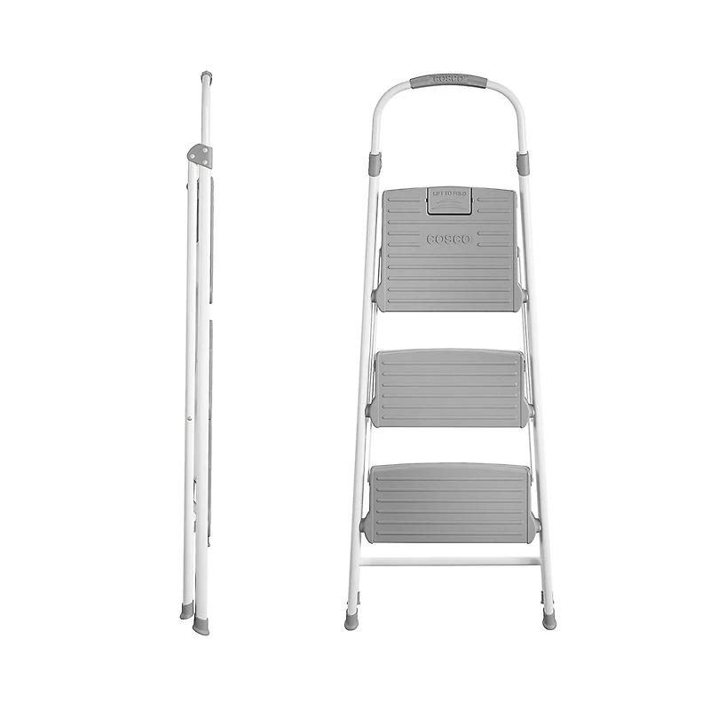 COSCO 2 step Connection Folding Step Stool with Large Resin Steps, Max Reach 8ft 1in (White and Gray, Steel with Resin Steps)