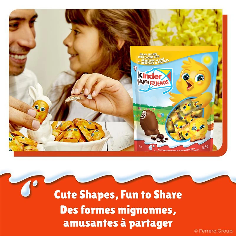 KINDER® Mini Friends, chocolat au lait avec un fourrage au lait et des morceaux de biscuits, bonbons de Pâques, 122g.
