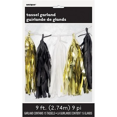 Gold, Black and White Tissue Tassel Garland, 9 ft, 15 tassels, 2.74m