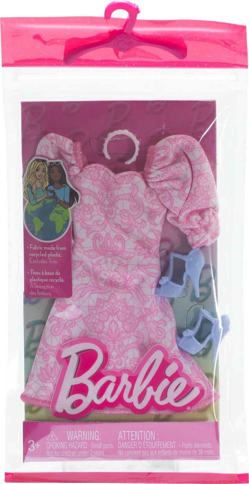 Barbie Doll Clothing, Fashion Pack with Pink Puff Sleeve Dress & Accessories (1 Outfit)