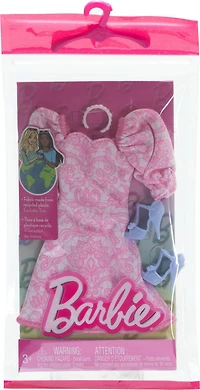 Barbie Doll Clothing, Fashion Pack with Pink Puff Sleeve Dress & Accessories (1 Outfit)