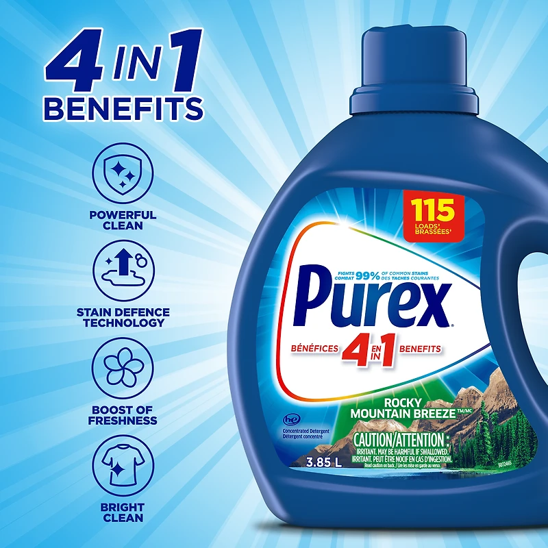 Détergent à lessive liquide concentré avec bénéfices 4-en-1, Purex Rocky Mountain Breeze, puissant contre les taches, ravive les vêtements, 3,85 l, 115 brassées, compatible avec les laveuses HE