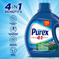 Détergent à lessive liquide concentré avec bénéfices 4-en-1, Purex Rocky Mountain Breeze, puissant contre les taches, ravive les vêtements, 3,85 l, 115 brassées, compatible avec les laveuses HE