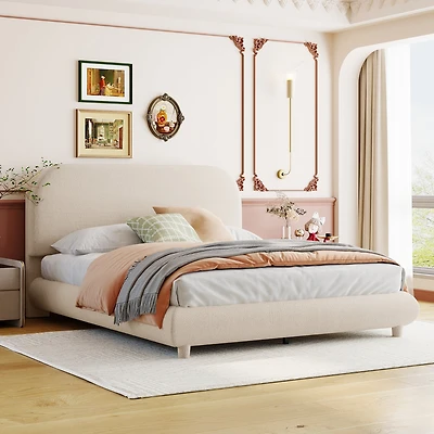 Noble House Lit Plateforme Rembourré en Polaire Teddy Taille Complète avec Tissu Épais, Design Élégant en Forme de Courbe, Beige
