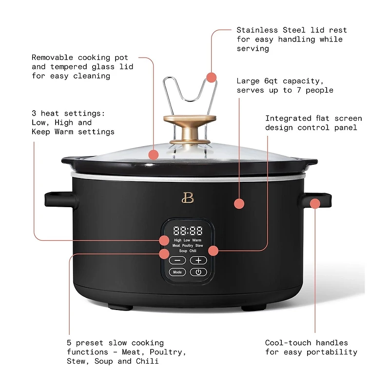 Beautiful Programmable 6-Quart Slow Cooker by Drew Barrymore, Pro 6Qt Slow Cooker