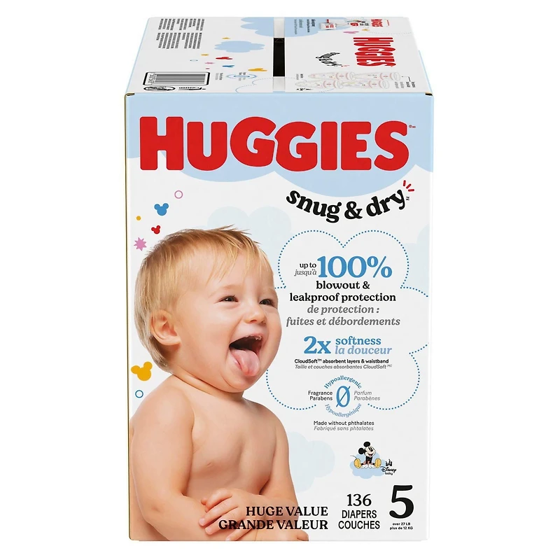 Couches Huggies Snug & Dry pour bébé, taille Giga 1 à 7, 128 à 54 unités Taille 1 à 7 | Comte 54-128