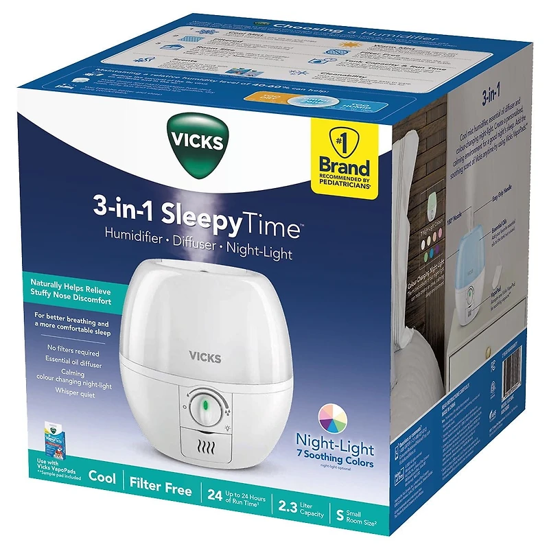 Vicks VUL500C 3-in-1 SleepyTimeᵀᴹ Ultrasonic Humidifier Diffuser Night-Light, 7 Night-Light Colours