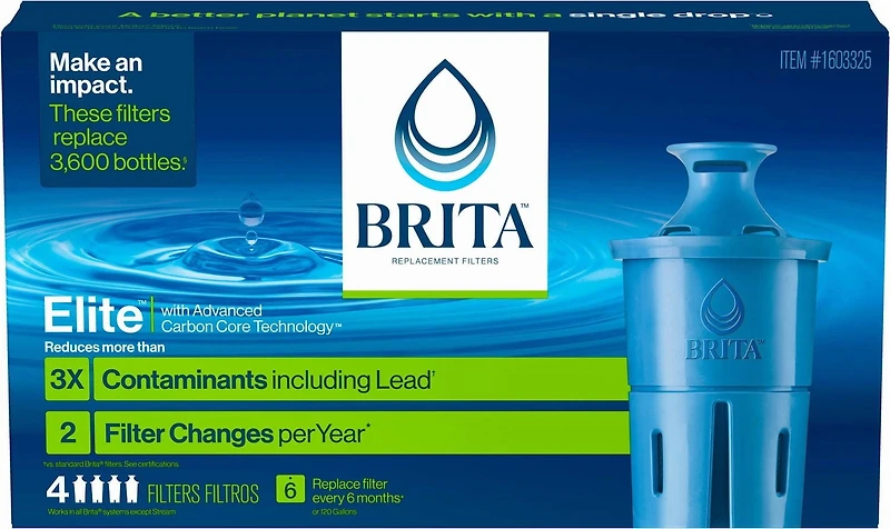 Filtre de rechange Brita Elite, réduit plus de 30 contaminants tout en conservant les minéraux sains, certifié par la WQA pour la réduction du plomb, des microplastiques, du chrome et du chlore, dure 4 filtres par boîte