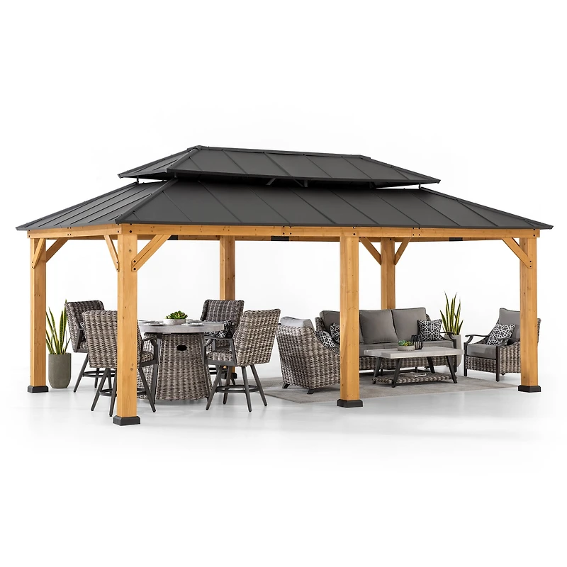 Sunjoy Wood Gazebo 12x20 ft. , Outdoor Patio Steel Hardtop Gazebo, Cedar Framed Wooden Gazebo with 2-tier Metal Roof, Suitable for Patios, Lawn, and Backyard, Dark Brown