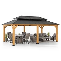 Sunjoy Wood Gazebo 12x20 ft. , Outdoor Patio Steel Hardtop Gazebo, Cedar Framed Wooden Gazebo with 2-tier Metal Roof, Suitable for Patios, Lawn, and Backyard, Dark Brown
