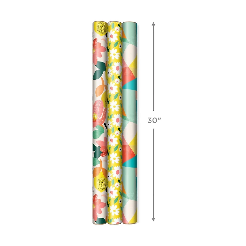 Papier d'emballage réversible, Hallmark (3 rouleaux – 75 pieds carrés au total), motifs floraux et abstraits, motif de citrons.