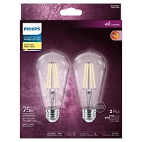 PHILIPS 8W  75W ST19 Medium Base Soft White Warm Glow LED Light Bulbs - Clear Glass, 2 Pack, Philips ST19 LED