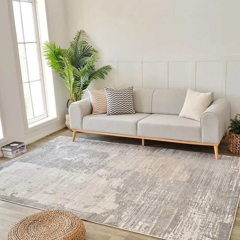 Tapis d'interieur abstrait Rug Branch Nomad, gris creme, moderne - Salon, chambre, salle a manger et cuisine