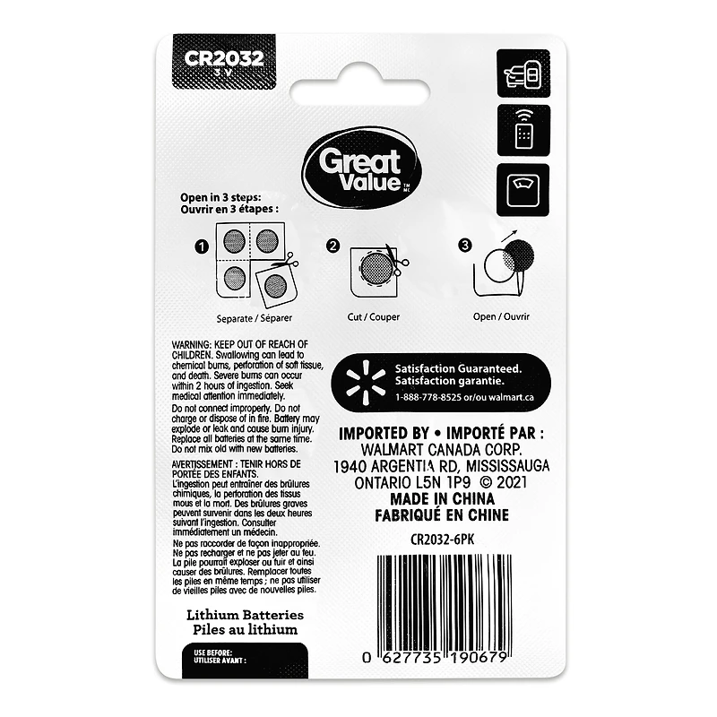 Great Value CR2032 3V Lithium Coin Cell Batteries 6-Pack, Long lasting power