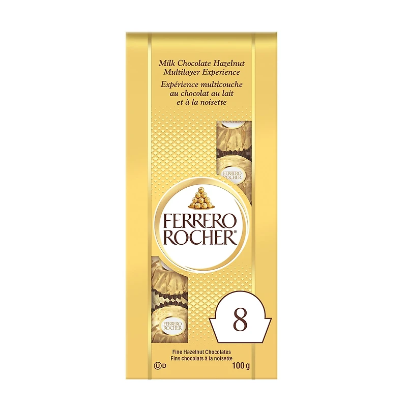 Chocolat fin aux noisettes FERRERO ROCHER 8 chocolats emballés individuellement, 100g