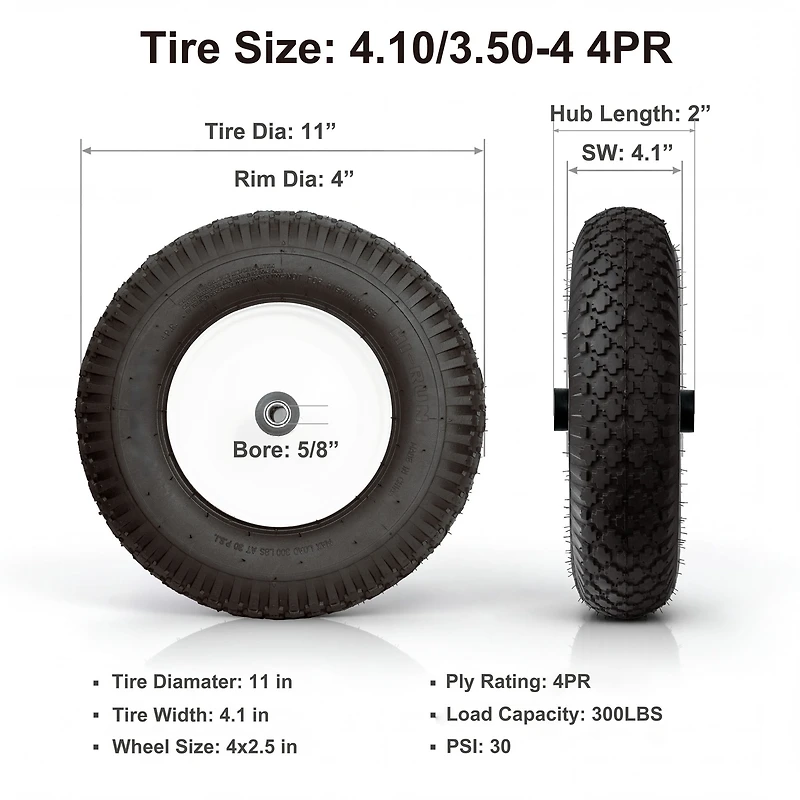 Hi-Run Stud 4PR 4.10/3.50-4 Wheelbarrow Tire Assembly with 5/8" Bushing