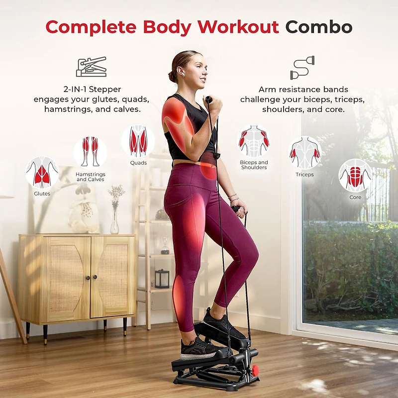 Machine stepper 2-en-1 Sunny Health & Fitness Total Body Smart, Entraînement du corps entier, Hydraulique ajustable, Moniteur LCD, Bandes de résistance, Pédales antidérapantes avec l'application optio