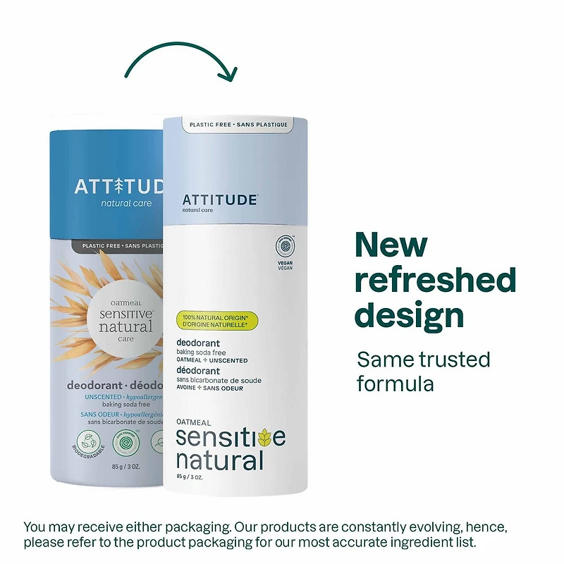 ATTITUDE oatmeal sensitive natural, Déodorant Sans Plastique, Sans odeur, 85 g