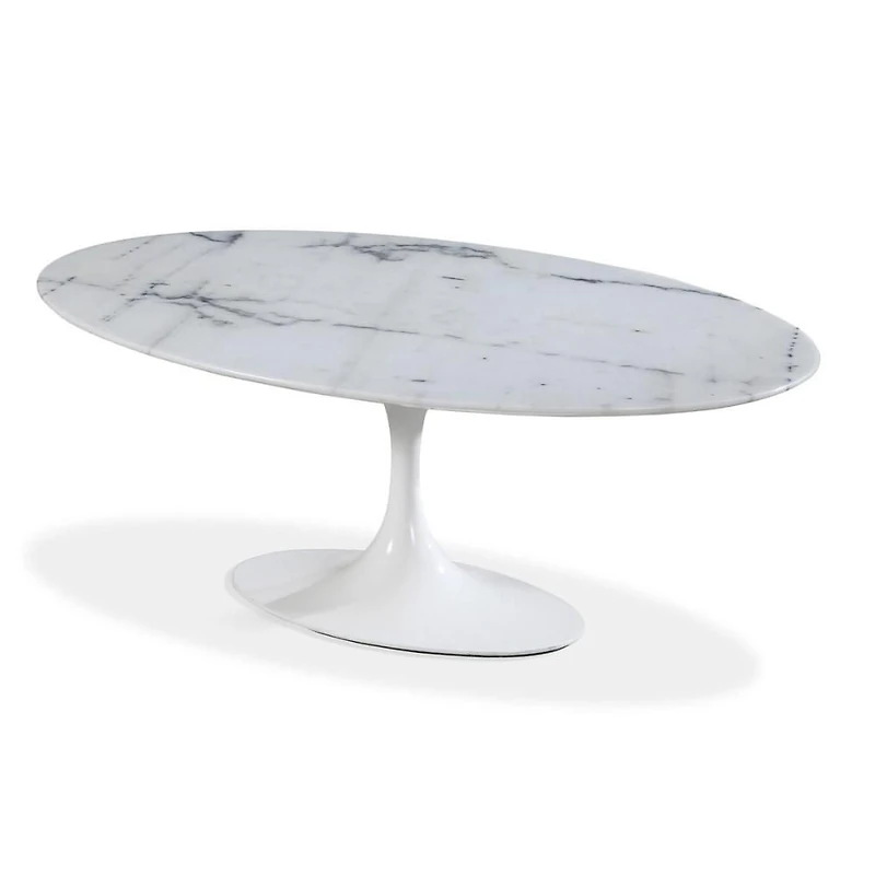Table de salle à manger ovale élégante Bria avec plateau en marbre et base en aluminium blanc