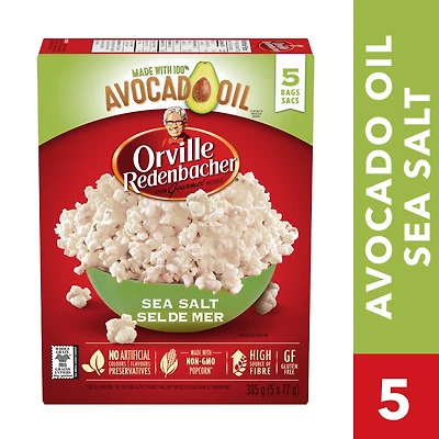Orville Redenbacher Avocado Oil Microwave Popcorn (5 bags, 77g), Non-GMO, whole grain microwave popcorn made with 100% avocado oil and high source of fibre