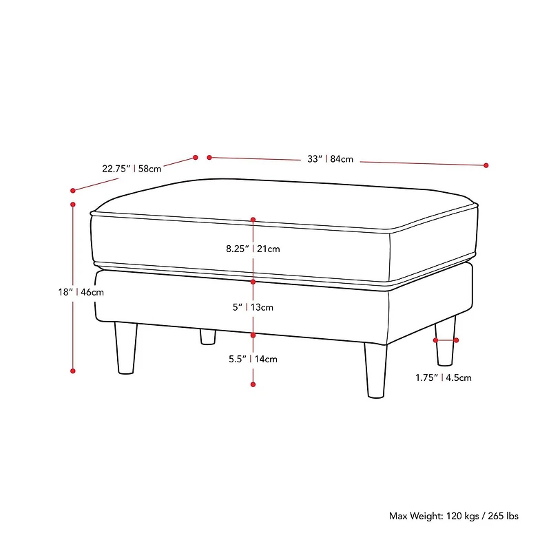 Pouf rembourré et polyvalent CorLiving Mulberry de style moderne du milieu du siècle avec pieds en bois