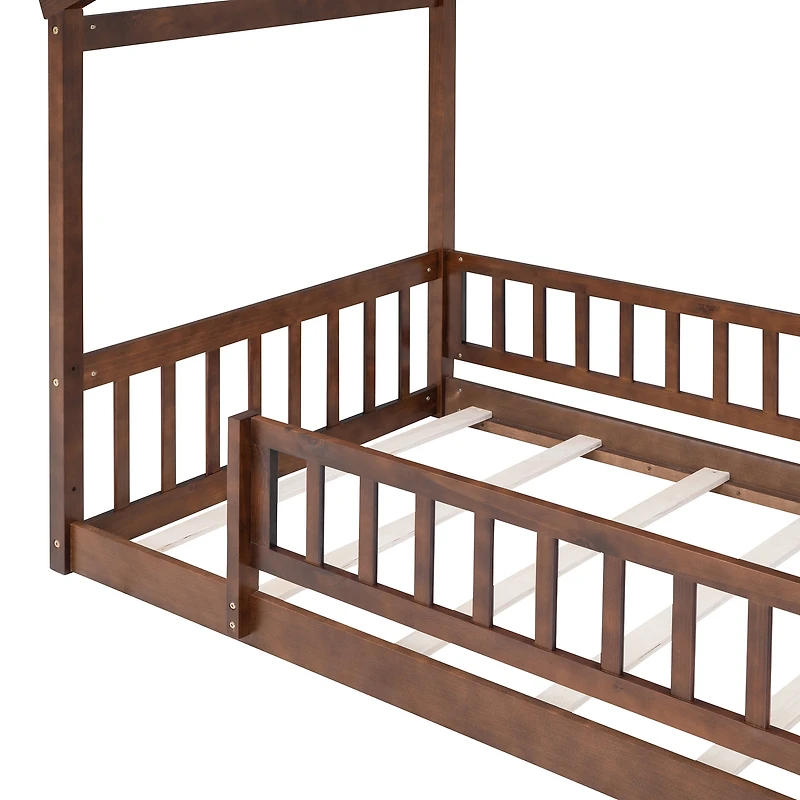 Cadre de lit cabane en bois Noble House pour lit simple avec clôture, noyer
