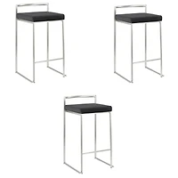 Heavenly Collection Tabouret en PU Noir avec Cadre en Acier Inoxydable ENSEMBLE DE 3