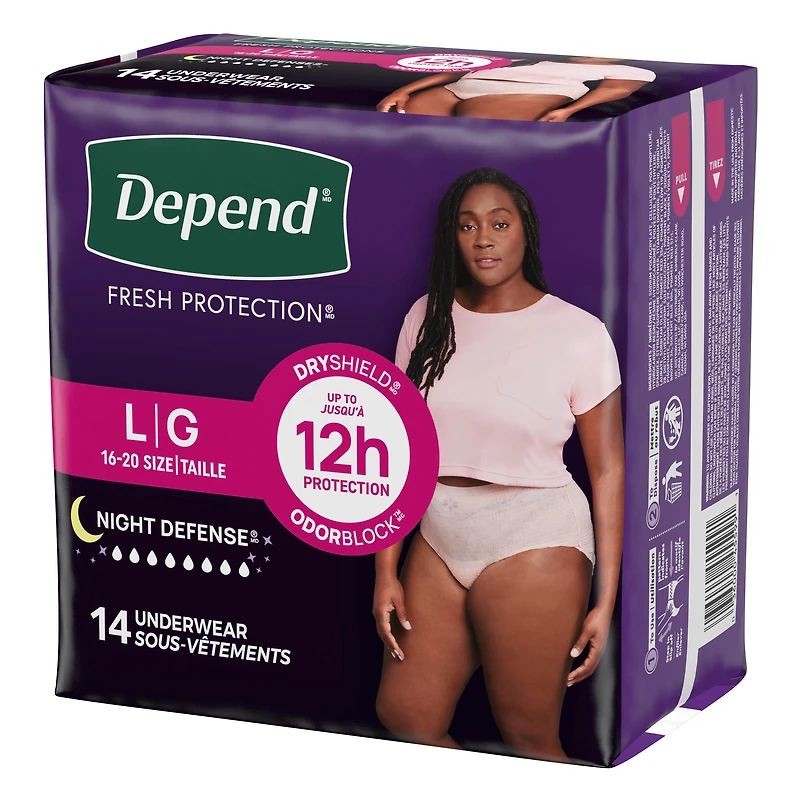 Sous-vêtements d’incontinence et fuites urinaires post-partum pour femmes adultes Depend Night Defense pour femmes, jetables, de nuit, grande taille, roses, 14 unités