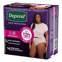 Sous-vêtements d’incontinence et fuites urinaires post-partum pour femmes adultes Depend Night Defense pour femmes, jetables, de nuit, grande taille, roses, 14 unités