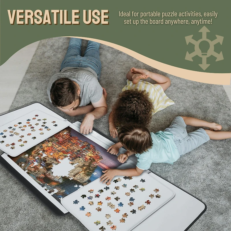 Boîte de rangement portable pour puzzles Tradeopia noire pour jusqu'à 1000 pièces, avec plateaux de tri et plateau détachable.