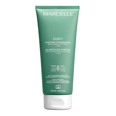 Marcelle Clari-T Gel nettoyant purifiant avec 1 % d'acide salicylique + PCA, 200mL Clarifiant. Exfoliant. Nourrissant.