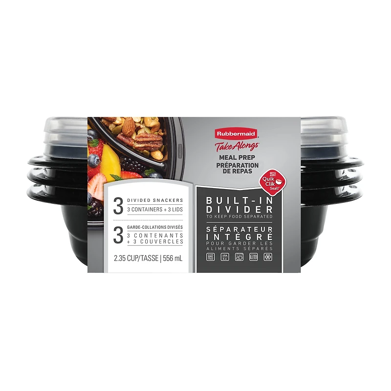 Rubbermaid TakeAlongs Divided Meal Prep Containers, 556 mL (2.35 Cup), Black, 3 Pack, BPA-Free