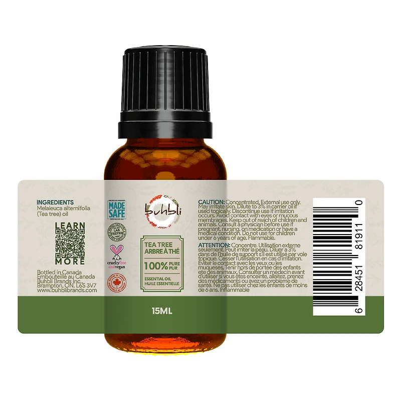 Buhbli Brands - 100% Pure Tea Tree Essential Oil, 15ml, 100% Pure & Natural - Bottled in Canada