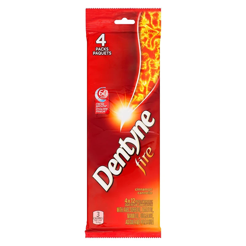 Dentyne Fire Cannelle, gomme sans sucre, 4 paquets (12 morceaux par paquet) 48 comptes