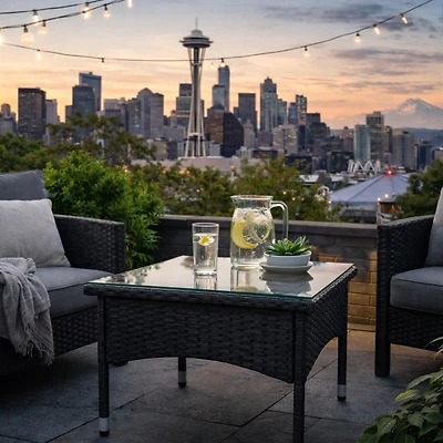 Table d'appoint carrée d'extérieur CorLiving Parksville en résine tressée et acier avec plateau en verre, noire