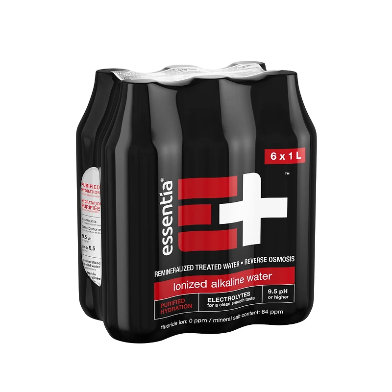 Essentia Eau Alcaline Ionisée 9.5 pH, Hydratation Purifiée, Enrichie en Électrolytes pour un Goût Net et Doux, Purifiée par Osmose Inverse 6x1L