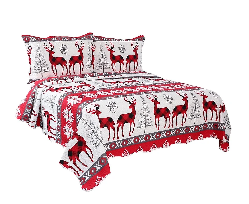 Marina Decoration Rich Printed Embossed Pinsonic Coverlet Bedspread Ultra Soft Bedding Summer Christmas Quilt Set with Shams, Xmas Snowflake and Deer Pattern
