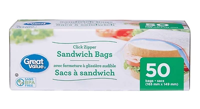 Sacs à Sandwich Refermables Great Value 50 sacs, 165 x 149 mm