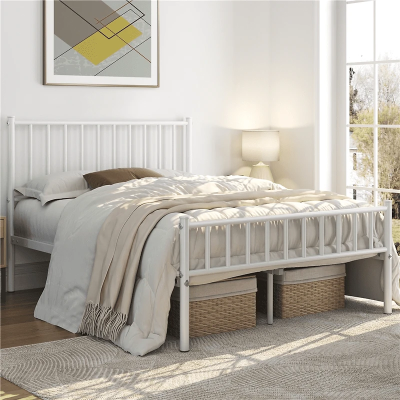 Fullfurnique Minimalist Metal Bed Frame with Vertical Bar Headboard and Footboard, Queen, White
