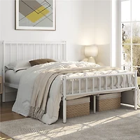 Fullfurnique Minimalist Metal Bed Frame with Vertical Bar Headboard and Footboard, Queen, White