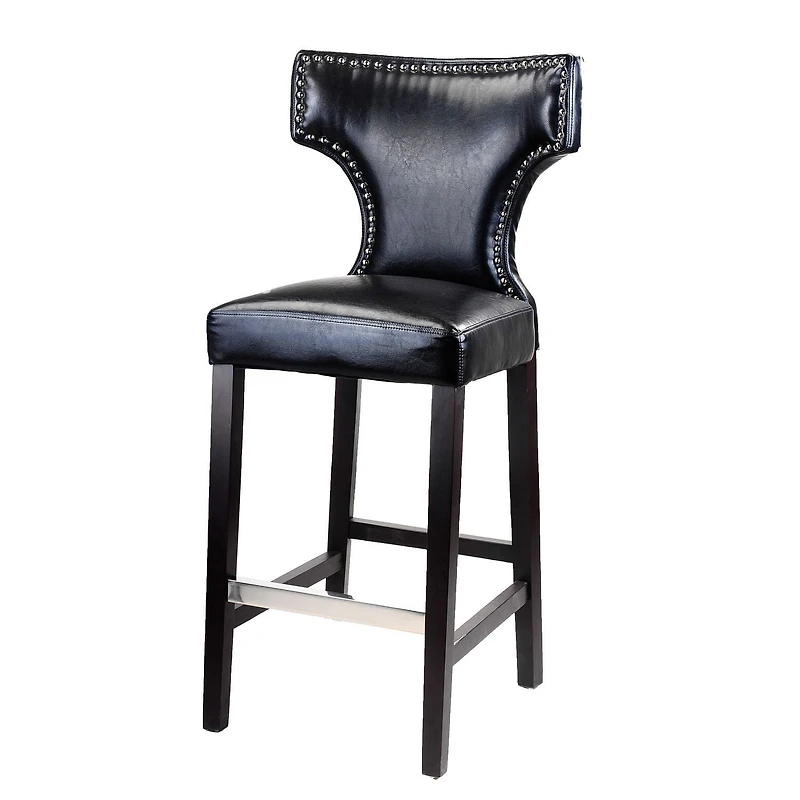 CorLiving Kings Set of 2 Studded Black Faux Leather Upholstered Indoor Bar Height Barstools with Wood Legs