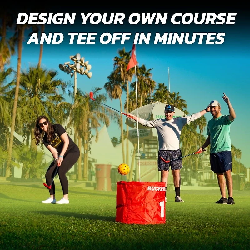 Parcours de 9 trous BucketGolf Pro - Le jeu de golf ultime pour le jardin, adapté à tous les niveaux, adultes, enfants et familles. Jouez en vacances, au parc, à la plage, en camping et plus encore.