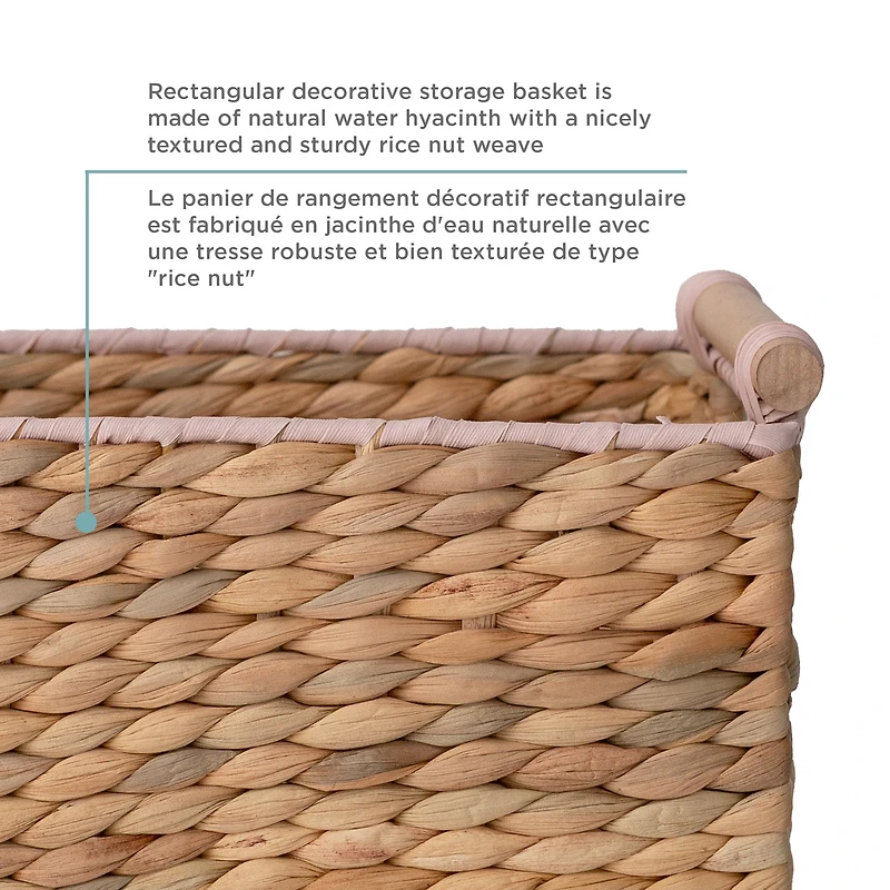 Zenna Home Woven Water Hyacinth Rectangular Decorative Storage Basket, Natural Finish