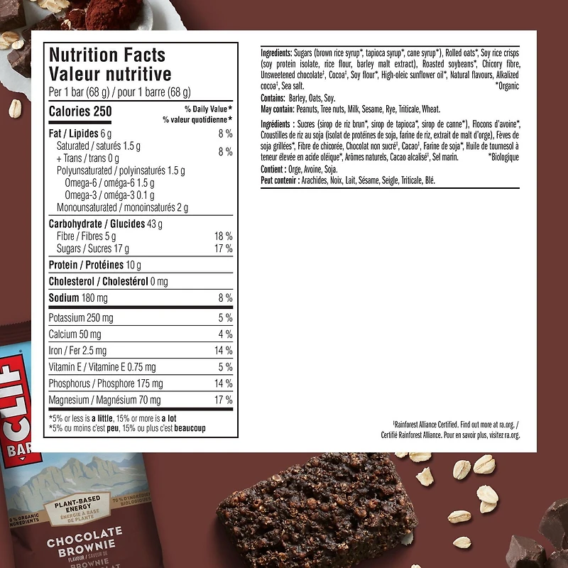 CLIF BAR , Barre Énergétique Saveur de Brownie au Chocolat, 70 % d'Ingrédients Biologiques, Sans Arômes Artificiels