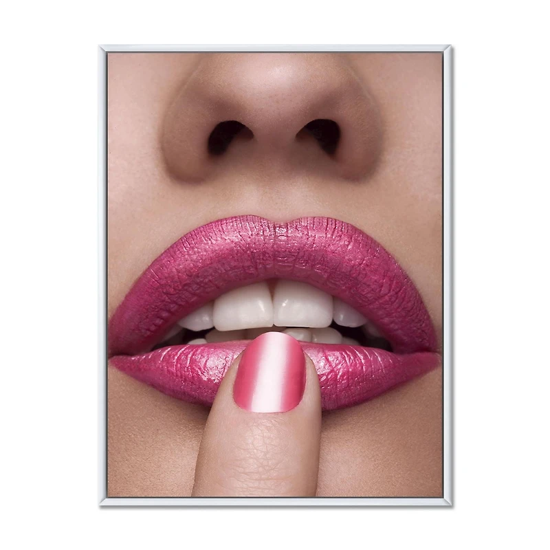Designart Pink Woman Lips With Finger On Mouth FLOAT FRAME WALL ART