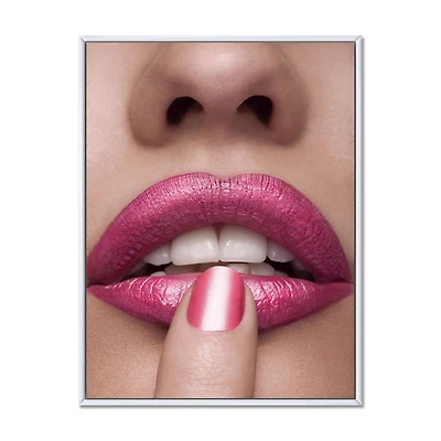 Designart Pink Woman Lips With Finger On Mouth FLOAT FRAME WALL ART