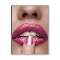 Designart Pink Woman Lips With Finger On Mouth FLOAT FRAME WALL ART