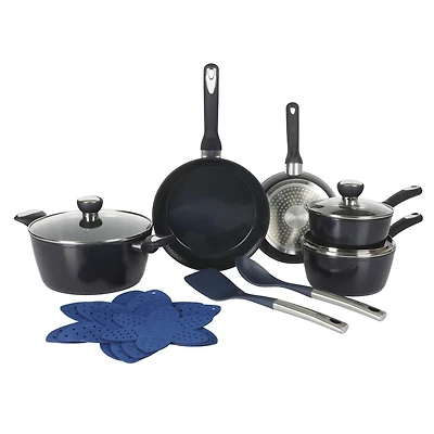 Oster Hawke 14 Piece Aluminum Cookware Set W/ Felts, Blue Sapphire